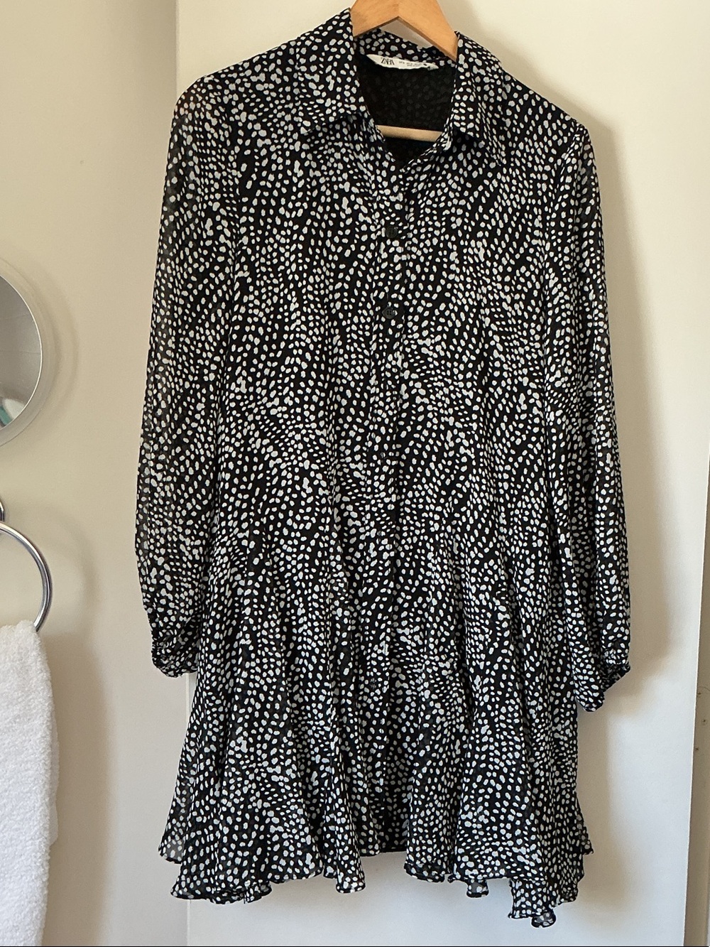 Zara Black & White Polka Dot Long-Sleeve Dress